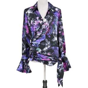 M&S Collection Top Womens 14 Black Purple Floral Wrap Blouse Bell Sleeve New